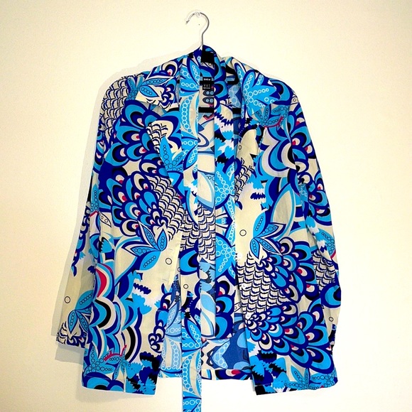 Tops - Ocean Blue Lightweight Geometric Pattern Button Down Belted Blouse